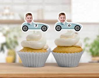 Race Car Photo Cupcake Toppers, Face Cupcake Toppers, Personalized Blue Vintage Car Cupcake Toppers, Racing Birthday Party Decor, ANY AGE