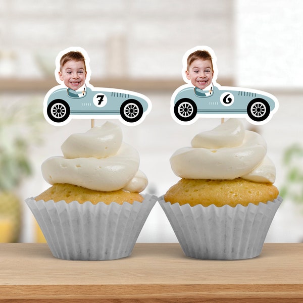 Topper per cupcake con foto di auto da corsa, Topper per cupcake con viso, Topper per cupcake personalizzati per auto d'epoca blu, Decorazioni per feste di compleanno di corse, QUALSIASI ETÀ