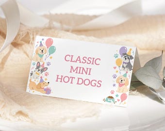 Etiketten voor het eten op een puppyfeestje, bewerkbare kaartjes voor het verjaardagsbuffet met hondenthema, printbare plaatskaartjes, kaartje voor een puppyfeestje met eten LP08