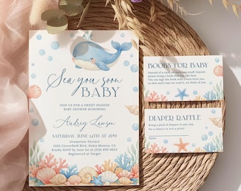 Zestaw zaproszeń na baby shower z motywem oceanicznym, Zestaw zaproszeń na baby shower w klimacie nadmorskim, Dziecko pod wodą, Edytowalny SE25
