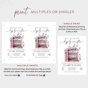 Może przedstawiać: Zaproszenie na wiecz&oacute;r panieński z napisem "She Found Her Happily Ever After". Projekt zawiera stos książek z kwiatowymi akcentami. Zaproszenie zawiera imię panny młodej, datę, godzinę i miejsce.