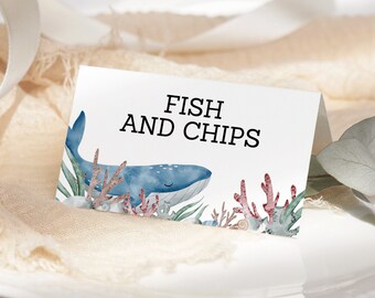 Whale Party Food Labels EDITABLE, Ocean Party Place Cards Printable, Whale Party Decor, Under The Sea Food Tent Card, Folded Buffet Label