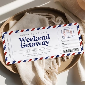Weekend Getaway Voucher EDITABLE, Weekend Away Coupon Ticket, Surprise Vacation Trip Ticket, Pack Your Bags, Printable Certificate WG22