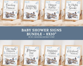 Blue Airplane Baby Shower Signs Bundle, Vintage Airplane Baby Shower Table Sign, Printable Airplane Baby Shower Party Decor AP13