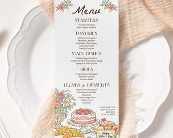 Szablon menu na brunch z motywem kwiatowym na Dzień Matki, edytowalna karta menu na brunch z okazji Dnia Matki, impreza „Mamy i mimozy”, menu na przyjęcie herbaciane w ogrodzie do druku
