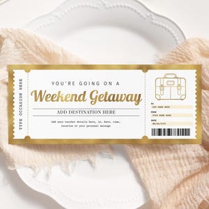 Weekend Getaway Gold Voucher EDITABLE, Weekend Away Ticket, Birthday Trip Travel Voucher, Printable Trip Away Gift Certificate WG22