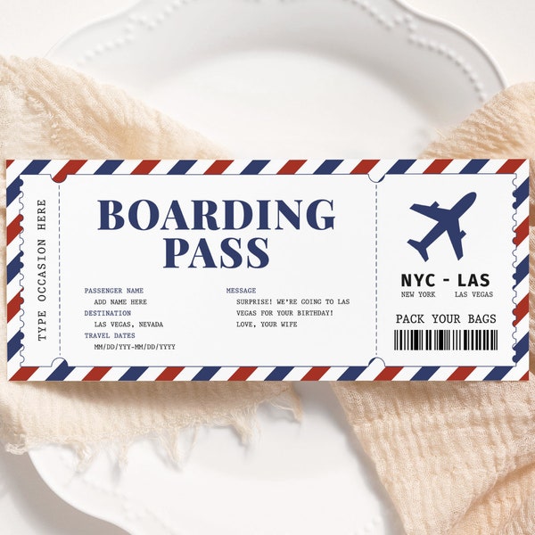 Modèle de billet carte d'embarquement MODIFIABLE, billet de voyage surprise, bon d'achat personnalisé imprimable pour un billet d'avion, billet d'avion