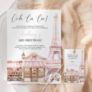 Invito di compleanno a Parigi MODIFICABILE, invito di compleanno al Coquette Paris Cafe, festa a tema rosa Parigi, Torre Eiffel, pasticceria francese CP14