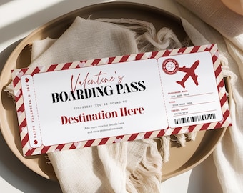 Valentines Boarding Pass Template, Editable Surprise Trip Ticket, Printable Personalized Plane Gift Ticket Voucher, Flight Airline Ticket