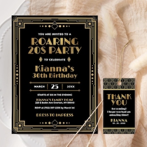 Gatsby-Geburtstagseinladung EDITIERBAR, Roaring 20s-Geburtstags-Einladung zum Ausdrucken, Art-Deco-Party einladen, 1920er Jahre-Einladung, Sensationelle Party
