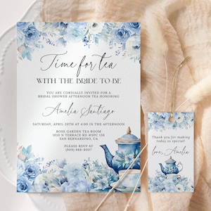 Time For Tea With The Bride To Be Invitation EDITABLE, Dusty Blue Floral Tea Bridal Shower Invitation Printable, Afternoon Tea Party AT28