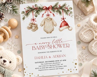 Christmas Baby Shower Invitation Template, Editable Merry Little Baby Shower Invitation, Neutral Winter Baby Shower Invite Printable ML17