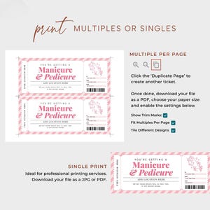 Puede incluir: Tickets imprimibles en rosa y blanco para manicura y pedicura. Los tickets tienen un borde rosa con rayas diagonales e incluyen campos de texto para la ubicaci&oacute;n y los detalles. El dise&ntilde;o tambi&eacute;n presenta una ilustraci&oacute;n floral.