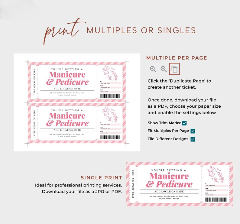 Puede incluir: Tickets imprimibles en rosa y blanco para manicura y pedicura. Los tickets tienen un borde rosa con rayas diagonales e incluyen campos de texto para la ubicaci&oacute;n y los detalles. El dise&ntilde;o tambi&eacute;n presenta una ilustraci&oacute;n floral.