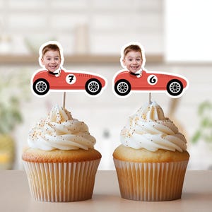 Race Car Photo Cupcake Toppers, Face Cupcake Toppers, Personalized Red Vintage Car Cupcake Toppers, Racing Birthday Party Decor, ANY AGE