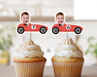 Race Car Photo Cupcake Toppers, Face Cupcake Toppers, Personalized Red Vintage Car Cupcake Toppers, Racing Birthday Party Decor, ANY AGE