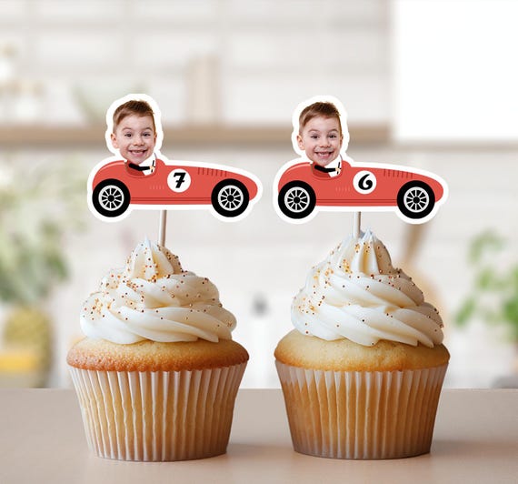 Race Car Photo Cupcake Toppers, Face Cupcake Toppers, Personalized Red Vintage Car Cupcake Toppers, Racing Birthday Party Decor, ANY AGE