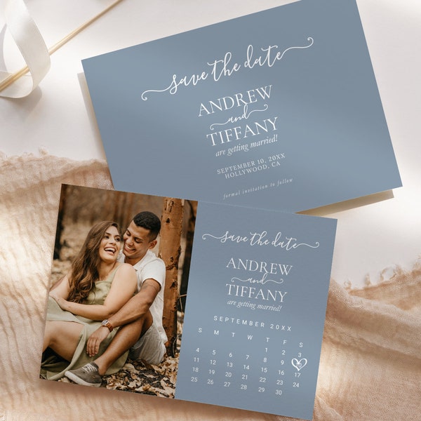 Dusty Blue Photo Calendar Save The Date EDITABLE, Powder Blue Wedding Announcement Printable, Modern Minimalist Picture Save the Date