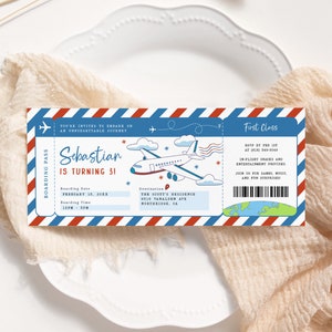 Invitation de billet d'anniversaire d'avion MODIFIABLE, Invitation de carte d'embarquement, Invitation de billet d'avion imprimable, Invitation de billet de fête d'enfants PB32