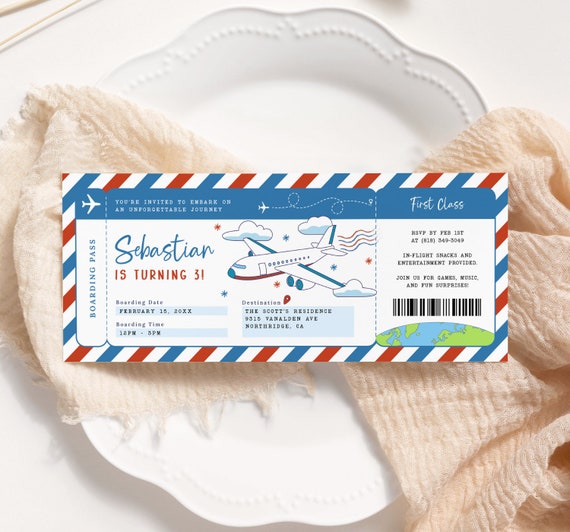 Airplane Birthday Ticket Invitation EDITABLE, Boarding Pass Invitation, Printable Plane Ticket Invitation, Kids Party Ticket Invite PB32