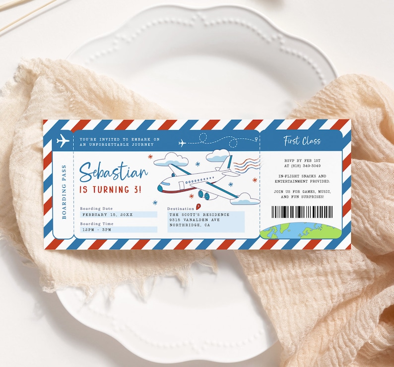 May include: A blue and red airplane ticket invitation for a 31st birthday party for Sebastian. The invitation is designed to look like a boarding pass with a cartoon airplane and clouds. The party is on 15th February at 12pm - 3pm at The Scott's Residence, 9315 Vanalden Ave, Northridge, CA. RSVP by 1st February at (818) 349-3049.