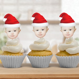 Santa Photo Cupcake Toppers, Personalized Santa Hat Picture Cupcake Toppers, Face Cupcake Toppers, Printable Christmas Party Decor