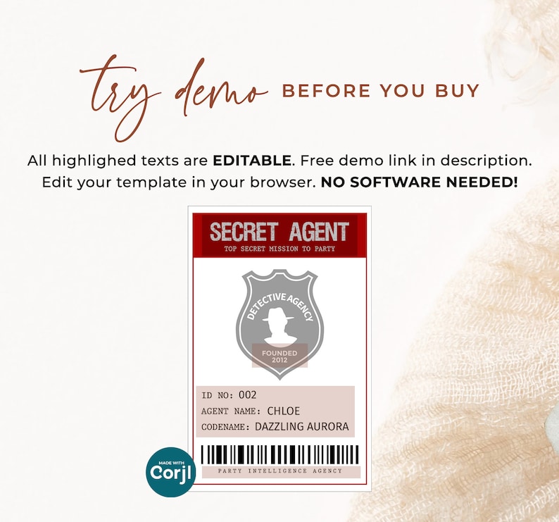 Secret Agent Party Badge EDITABLE, Spy Name Tag, Spy ID Passes, Detective Party Badge, Printable Birthday Party Passes, Spy Party image 2