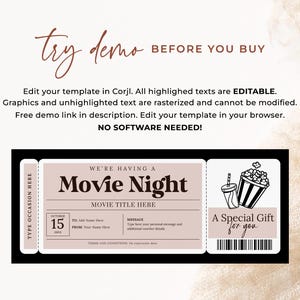 Peut inclure: Un mod&egrave;le de billet de cin&eacute;ma imprimable avec un fond rose. Le billet comporte une illustration en noir et blanc de popcorn et d'une boisson. Le texte sur le billet dit "We're having a Movie Night" et "A Special Gift for you".