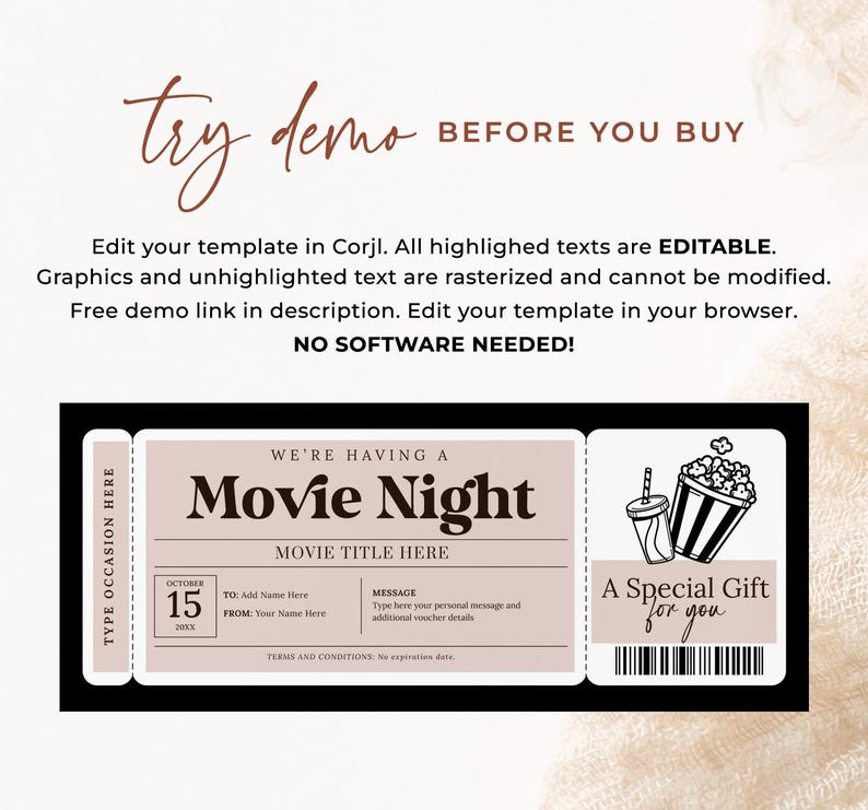 Peut inclure: Un mod&egrave;le de billet de cin&eacute;ma imprimable avec un fond rose. Le billet comporte une illustration en noir et blanc de popcorn et d'une boisson. Le texte sur le billet dit "We're having a Movie Night" et "A Special Gift for you".