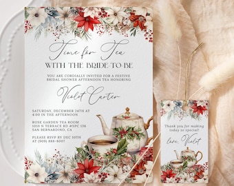 May include: A festive bridal shower invitation with a winter theme. The invitation features a teapot, teacups, and floral designs in shades of red, white, and green. The text reads "Time for Tea with the Bride-to-Be" and includes the bride's name, Violet Carter, the date, time, and location of the event. A matching thank you tag is also included with the text "Thank you for making today so special! Love, Violet."