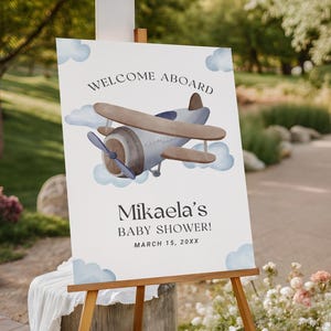 Blue Airplane Baby Shower Welcome Sign EDITABLE, Travel Theme Baby Shower Welcome Poster, Airplane Birthday Party Sign Decor AP13