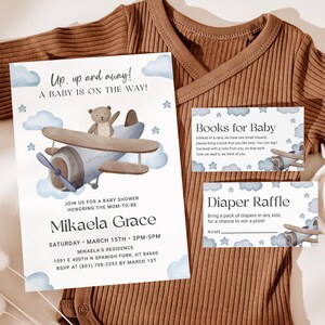 Blue Airplane Baby Shower Invitation Set EDITABLE, Vintage Plane Baby Shower Invitation Bundle, Bear Baby Shower, Travel Baby Shower AP13