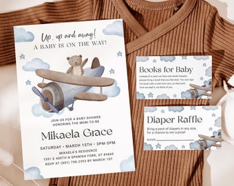Blue Airplane Baby Shower Invitation Set EDITABLE, Vintage Plane Baby Shower Invitation Bundle, Bear Baby Shower, Travel Baby Shower AP13