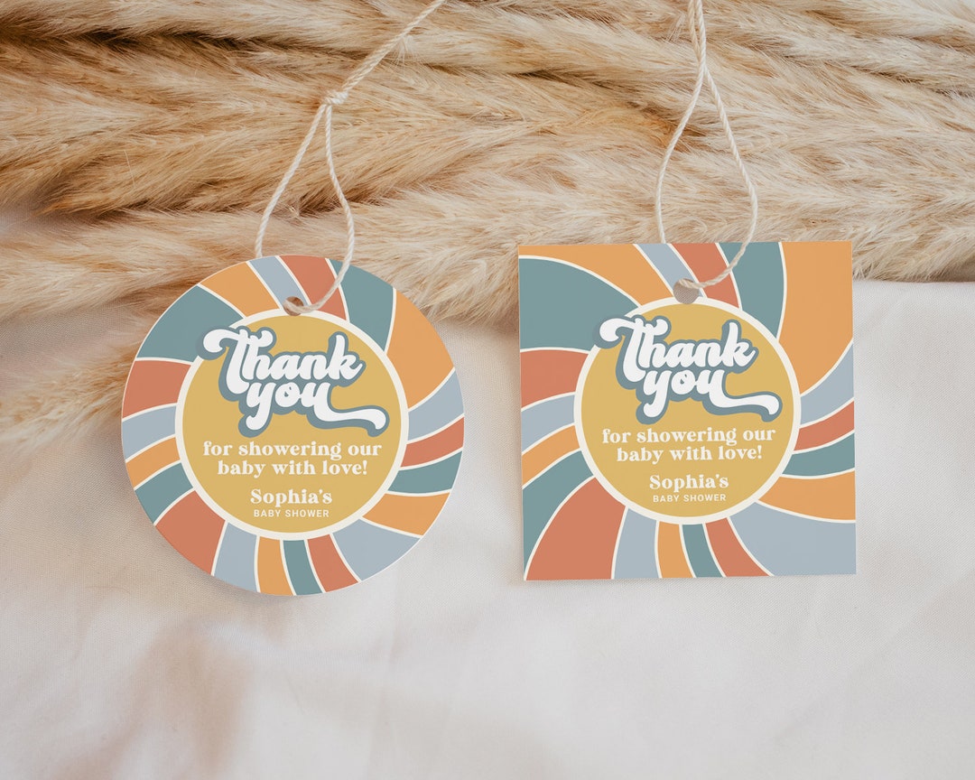Groovy Baby Shower Favor Tags EDITABLE, Sunshine Thank You Tags ...