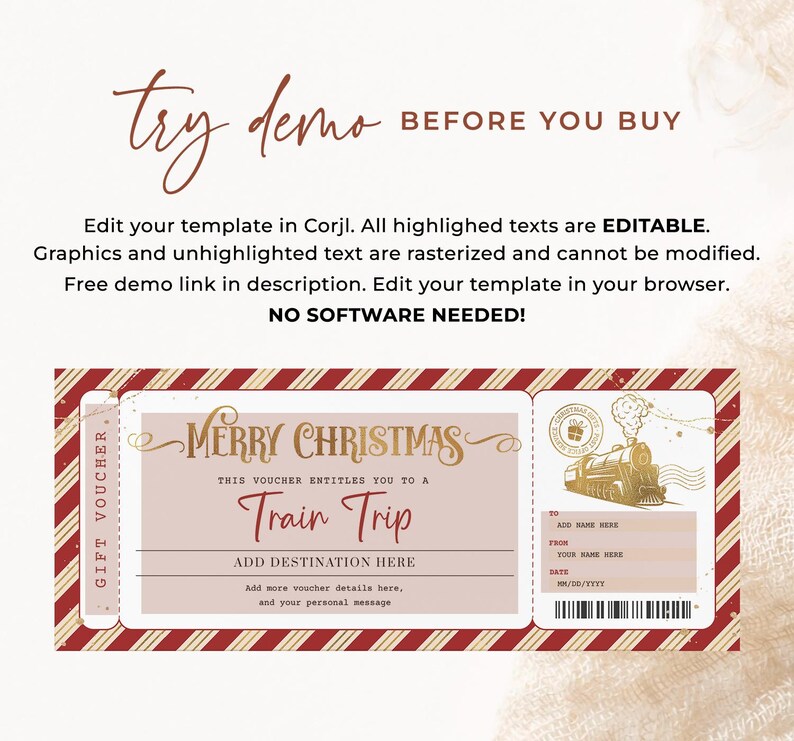 May include: A red and white striped gift voucher with gold text that says "Merry Christmas" and "Train Trip". The voucher is for a train trip and includes space to add a destination, date, and personal message.