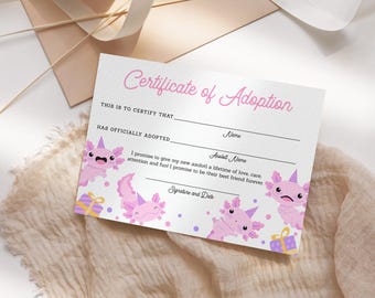 Certificato di adozione di un axolotl per il compleanno stampabile, adotta un axolotl, festa di compleanno di un axolotl rosa, certificato di adozione di un axolotl AX08