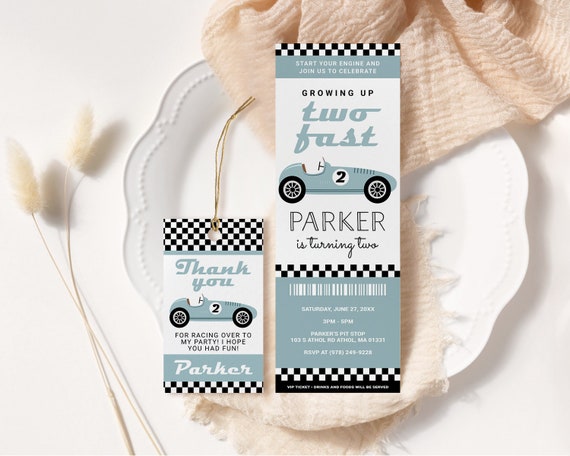 Race Car Birthday Ticket Invitation EDITABLE, Two Fast Invitation Printable, Blue Vintage Race Car, Racing Birthday, 2nd Birthday Invite