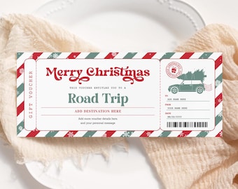 May include: A printable Christmas gift voucher with a red and green striped background. The voucher is for a road trip and includes the text "Merry Christmas" and "Road Trip".