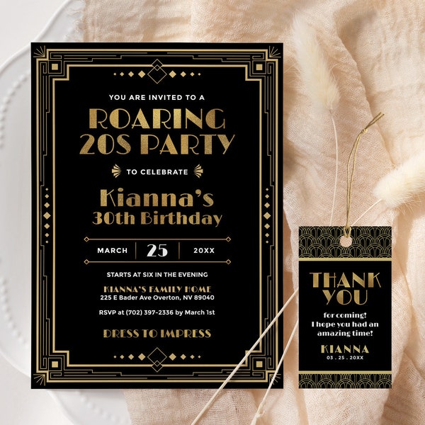 Gatsby Birthday Invitation EDITABLE, Roaring 20s Birthday Invitation Printable, Art Deco Party Invite, 1920s Invitation, Speakeasy Party