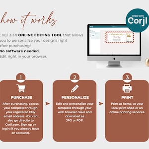 May include: A graphic showing how to use the Corjl online editing tool. The steps are: 1. Purchase, 2. Personalize, 3. Print. The graphic includes icons for each step, and text describing the process.