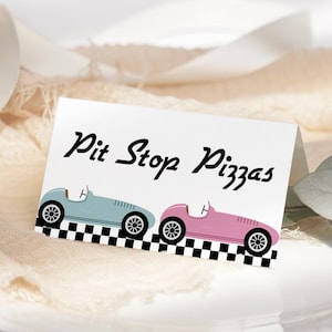 Étiquettes de nourriture de voiture de course MODIFIABLES, marque-places d'anniversaire de course, deux cartes de tente de restauration rapide, étiquette de buffet pliée, décoration de fête de voiture de course PB02