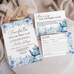 Ensemble d'invitations pour la mariée et l'heure du thé bleu MODIFIABLE, faire-part de douche nuptiale floral bleu poussiéreux pour le thé de l'après-midi, carte de recette de douche nuptiale AT28