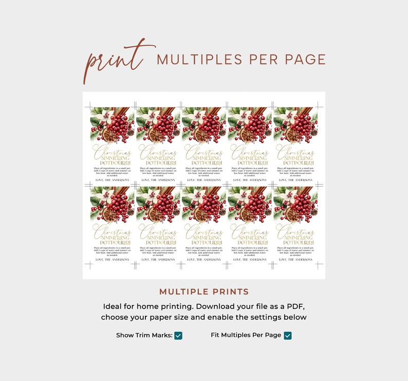 May include: Printable Christmas Simmering Potpourri Recipe Cards with a festive design featuring red berries, cinnamon sticks, and oranges. The cards have a gold background and text that reads "Christmas Simmering Potpourri".