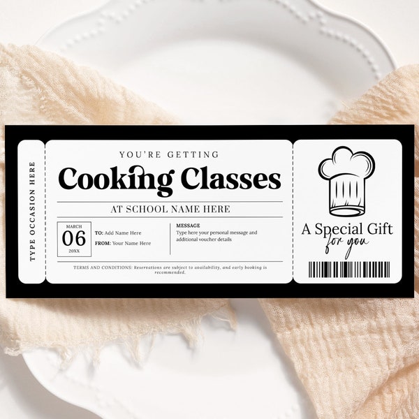 Cooking Class Gift Voucher EDITABLE, Cooking Lesson Certificate Printable, Cooking Class Ticket Invitation, Baking Class, Any Occasion