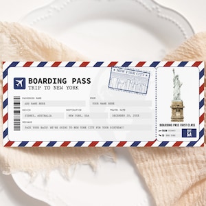 Carte d'embarquement pour New York MODIFIABLE, billet cadeau voyage surprise, faux billet d'avion imprimable, billet d'avion, voyage à New York