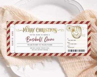 Baseball Game Christmas Certificate EDITABLE, Surprise Baseball Ticket Printable, Holiday Voucher, Christmas Coupons, Christmas Gift Card