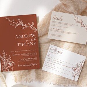 Terrakotta Hochzeitseinladungs-Set EDITIERBARE, Minimalistische Hochzeitseinladungs-Reihe, bedruckbare moderne Blumen-Rost-Rsvp-Details-Karte
