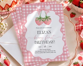 PRINTED Berry First Birthday Invitation, Strawberry 1st Birthday Invite for Girl, Pink Gingham Watercolor Invitations with Envelopes SB15
