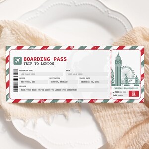 Cartão de embarque de Natal em Londres EDITÁVEL, bilhete de viagem surpresa para impressão em Londres, férias de viagem de Natal, bilhete de avião para férias em Londres