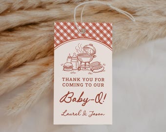 Etykiety z podziękowaniami na baby shower dla dziecka, edytowalna etykieta na prezent na baby shower z grillem, grillowanie na podwórku, grill koedukacyjny z informacją o płci dziecka BQ12